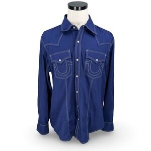 True Religion Mens Blue Big T Contrast Stitch Western Pearl Snap Shirt 2XL XXL